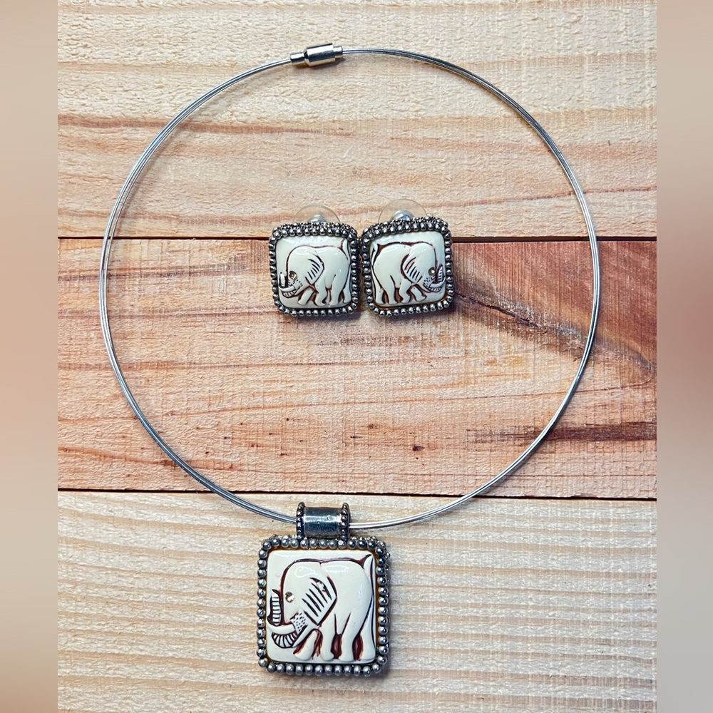 Elephant choker pendant and earrings